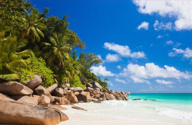 mükemmel tropikal beyaz kum plaj Praslin Adası, Seyşel Adaları'nda tatil