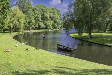 Kanal tekne ile ağaçlar ve ördekler kampen çevresinde bir parkta palamarla. Hollanda Hollanda