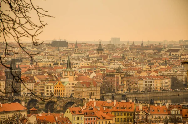 Vltava river crossed by the Charles bridge and the roofs and domes of the medieval and fascinating city of Prague. Czech Republic