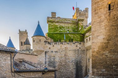 görünümü arka plan Kubbe savunma kulesi olite Ortaçağ kenti sarayın ve bir ara sokakta. Navarre İspanya.