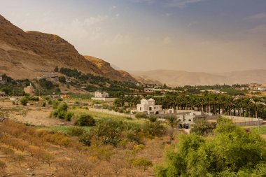 palmiye bahçeleri yapıları ve nehir Vadisi çevreleyen dağlar jordan çevresinde Jericho'nun antik şehir. Filistin Batı Şeria
