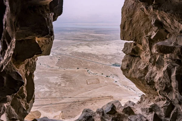 Widok Ruin Masada Pustyni Judzkiej Morze Martwe Następnie Jordański Terytorium — Zdjęcie stockowe