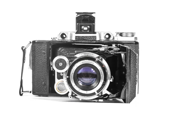 Antieke Camera Met Een Accordeon Lens Isoleren — Stockfoto