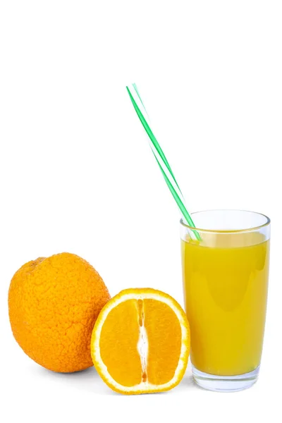 Fresh Orange Juice Chopped Slices Straw — Stock Photo, Image