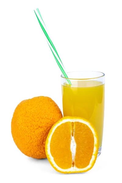 Fresh Orange Juice Chopped Slices Straw — Stock Photo, Image