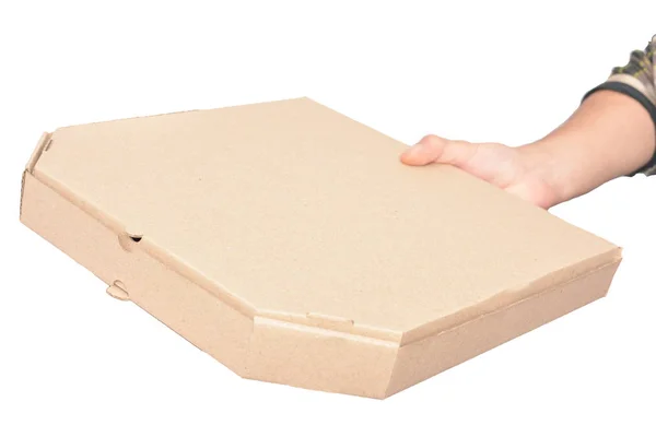 Hand Pizza Box Isolate White Background — Zdjęcie stockowe