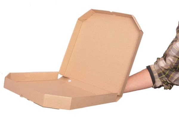Hand Pizza Box Isolate White Background — Stockfoto