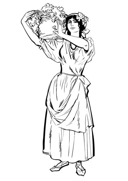 Bonde-kvinna som bär korg av druvor — Stock vektor