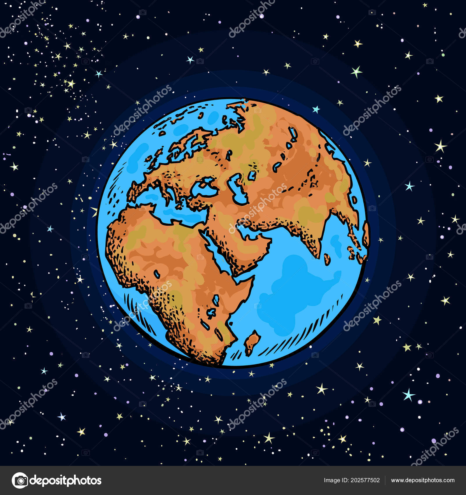 지구의 날입니다. 만화 손 밤 하늘 배경에 지구를 그려. 벡터 스톡 벡터 - ©UncleLeo 202577502, image size:1600x1700