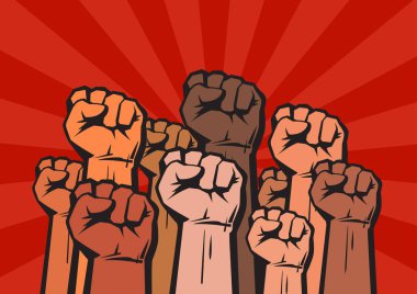 Clenched fists of different colors raised in protest on background with sun rays. Vector. clipart
