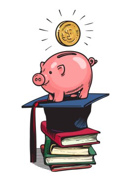 Mezuniyet şapka ile Piggy banka. Vektör
