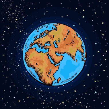 Dünya günü. Çizgi film el dünya gece gökyüzü arka plan üzerinde çekilmiş. Vektör