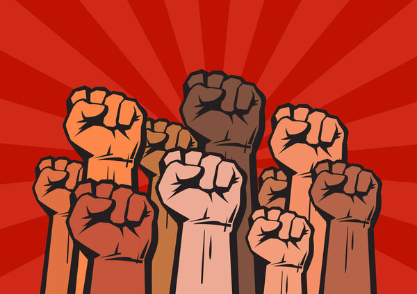 Clenched fists of different colors raised in protest on background with sun rays. Vector.