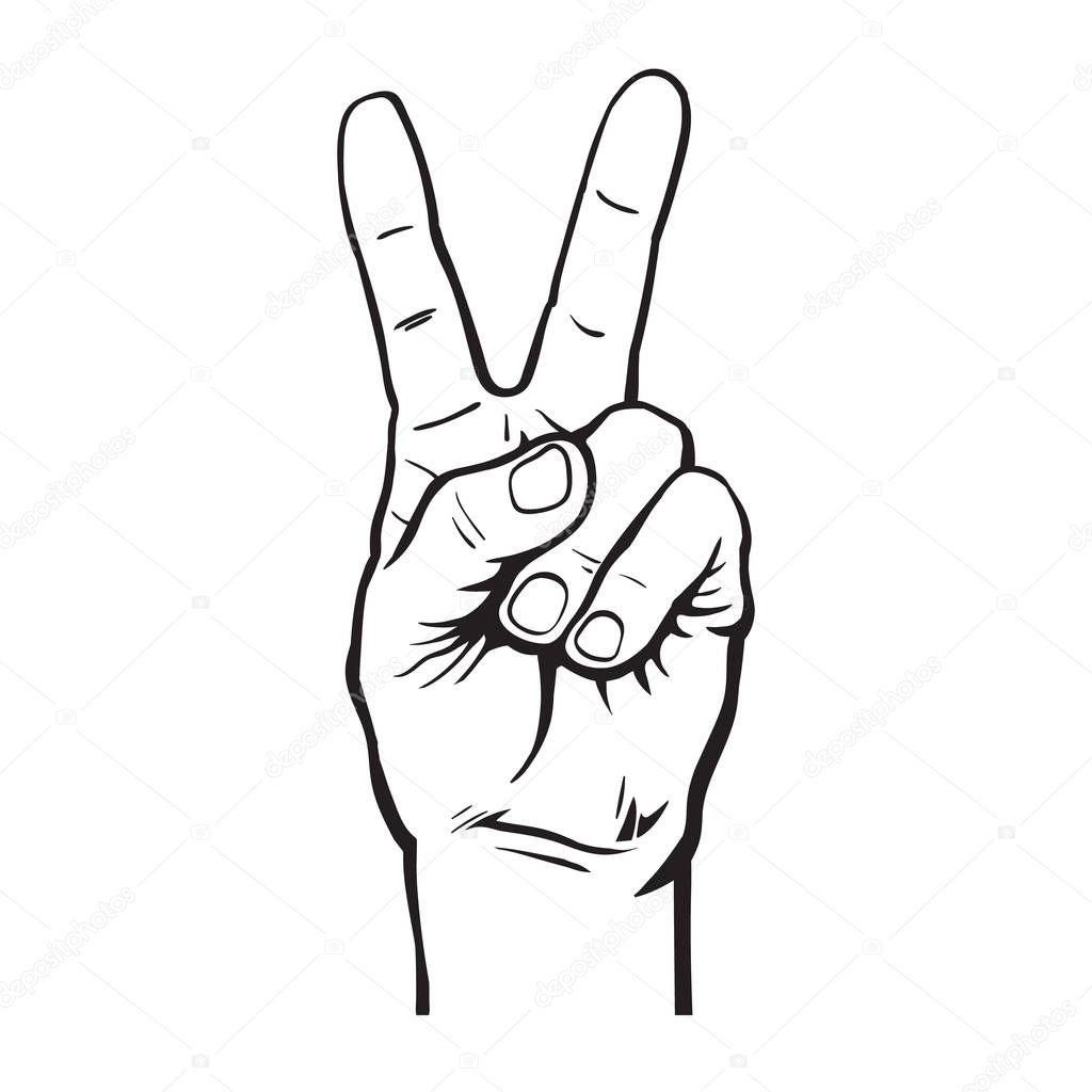 Hand with two fingers up. Vector.