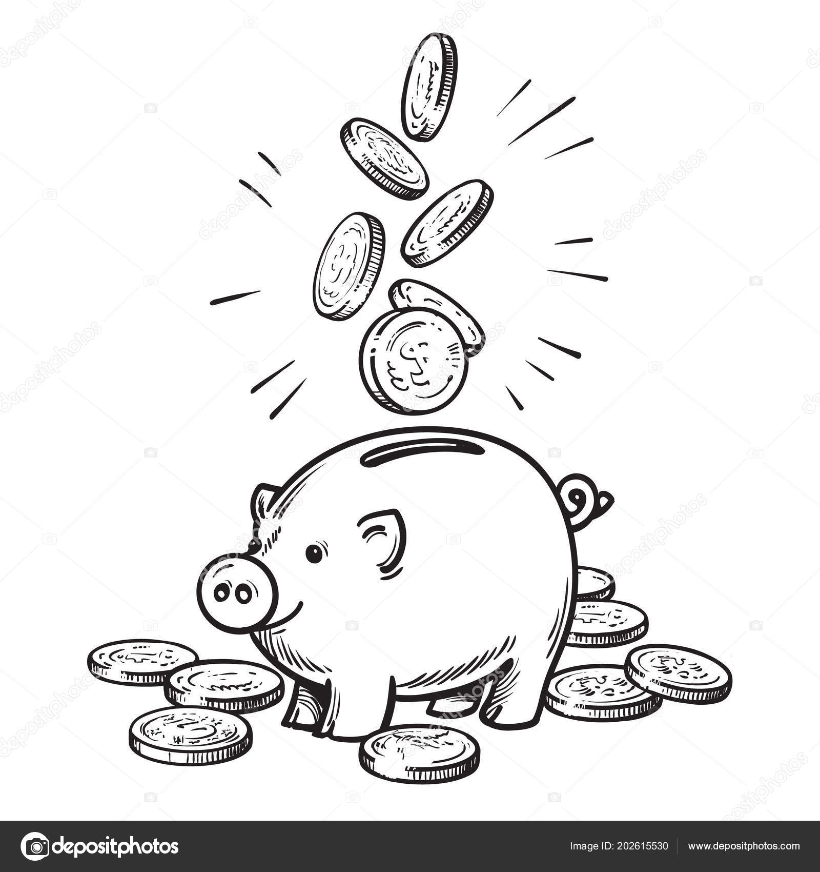 Cartoon Sparschwein mit fallenden Münzen. Schwarz-weiße Vektorskizze.  Stock-Vektorbild von ©UncleLeo 202615530, image size:1600x1700