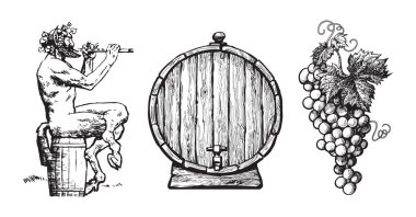 Hand drawn elements for wine design. Satyr, barrel, bunch of grapes. Vector. clipart