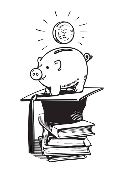 Piggy Bank com chapéu de graduação, dinheiro e pilha de livros. Vetor — Vetor de Stock