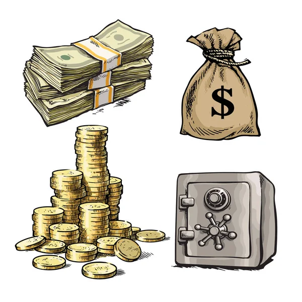 Papel moneda, montón de monedas, saco de dólares, caja fuerte del banco. Conjunto de dinero de financiación vectorial — Vector de stock