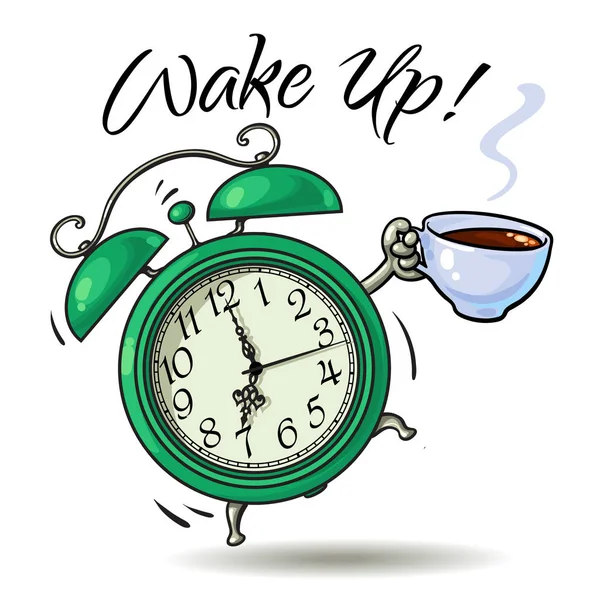 Reloj despertador con taza de café caliente sonando. Hora de despertar. Vector — Vector de stock