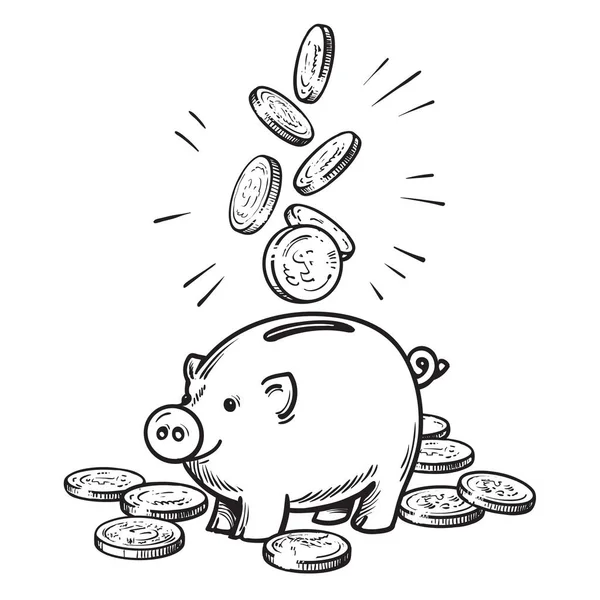 Banco porquinho dos desenhos animados com moedas em queda. Esboço vetorial preto e branco . — Vetor de Stock