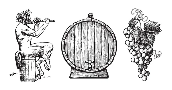 Hand drawn elements for wine design. Satyr, barrel, bunch of grapes. Vector. — Stock Vector