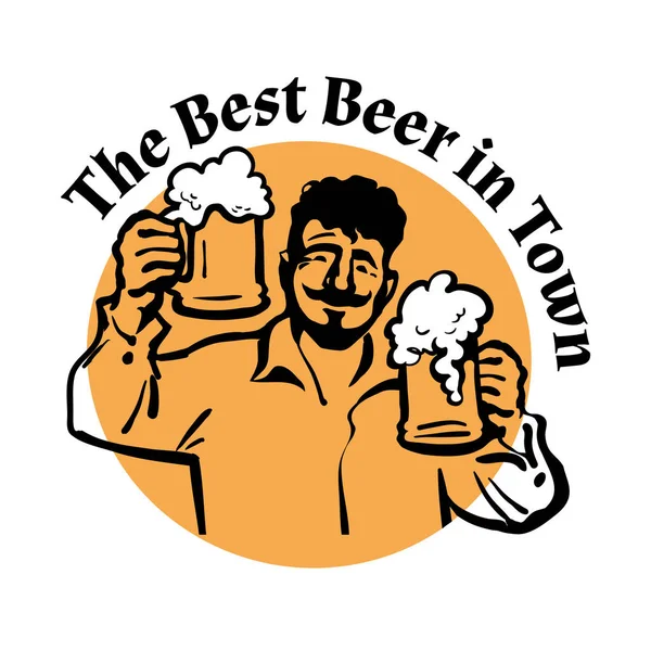 Un homme avec deux tasses à bière. La meilleure bière de la ville. Vecteur . — Image vectorielle