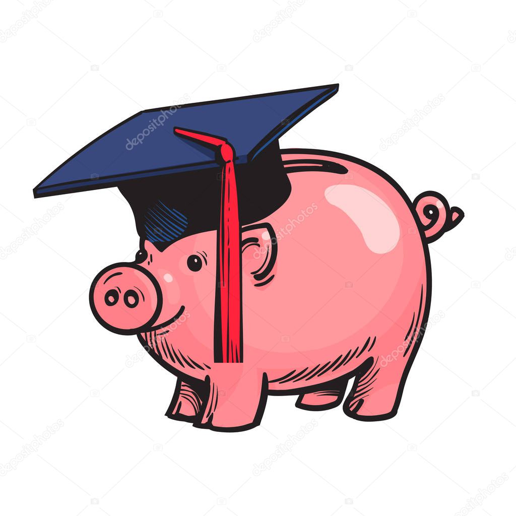Piggy bank in Graduation hat. Vector.