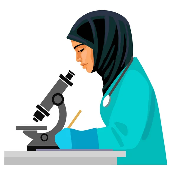 穆斯林女医生通过显微镜和写作进行观察 在医学实验室工作的亚洲女科学家 在白色背景下隔离的卡通平面矢量插图 — 图库矢量图片