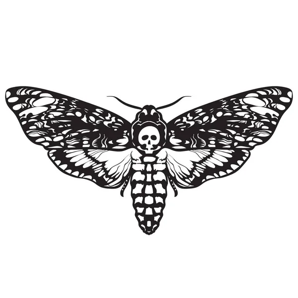 Ölüm Baş Hawk Güve Siyah Beyaz Cadılar Bayramı Dekorasyon Elle — Stok Vektör