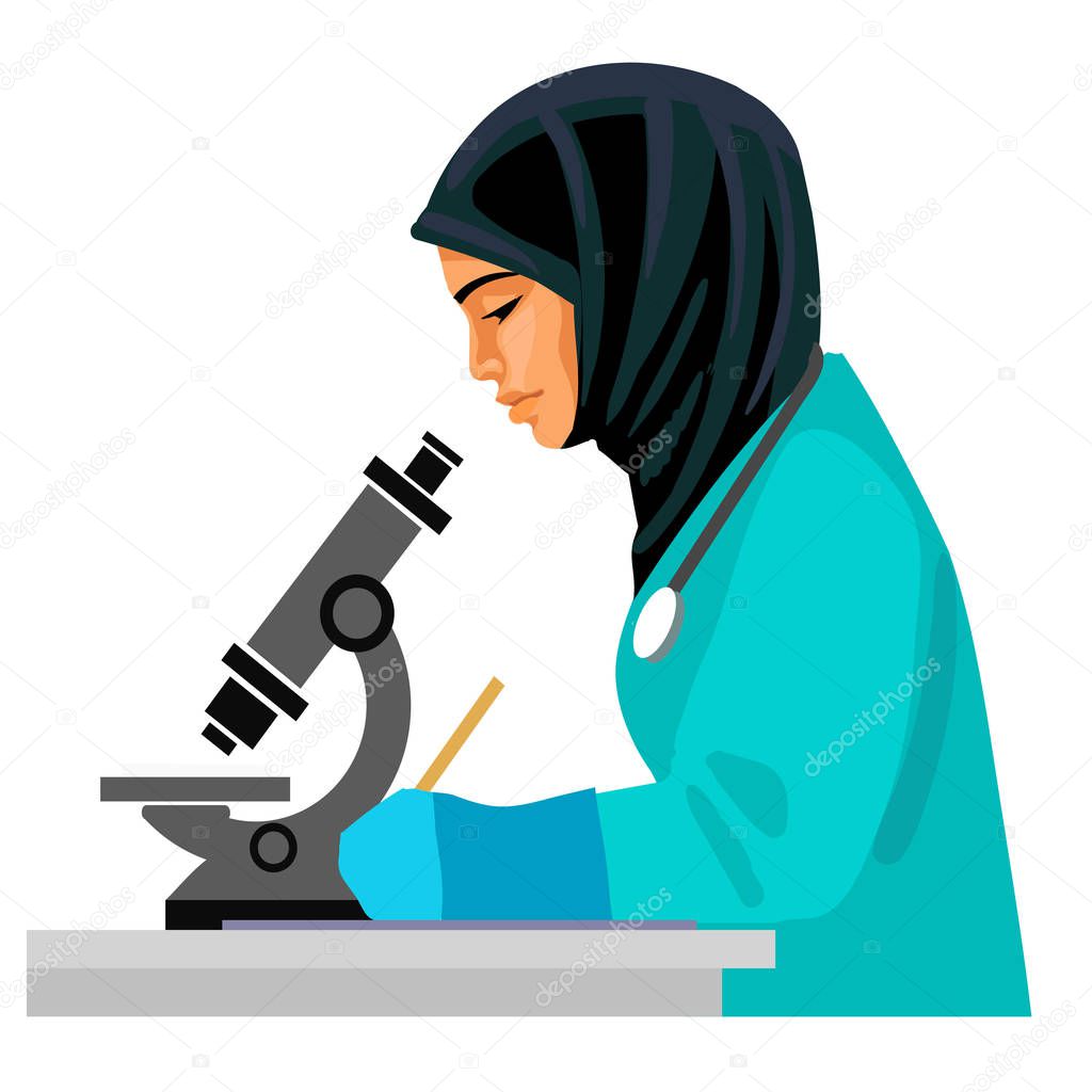 Muslim female doctor looking through microscope and writing. Asian woman scientist working in the medical laboratory. Cartoon flat vector illustration isolated on white background.