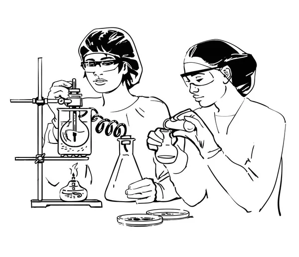 Две женщины-учёные с пробирками. Вектор — стоковый вектор