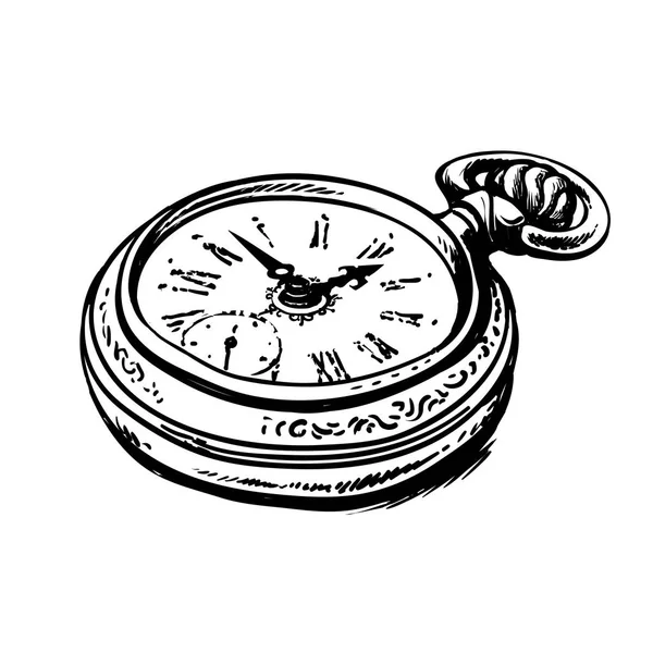 Sketch Ancient Pocket Watch Black White Hand Drawn Vector Illustration — Stock Vector