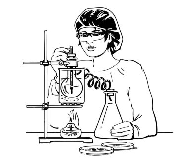 Test tüpleri ile kadın bilim adamı. Laboratuarda çalışan laboratuvar asistanı. Vektör