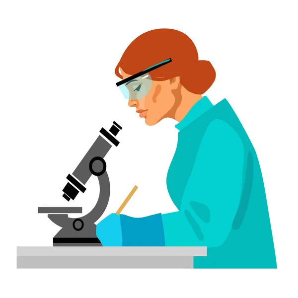 Woman scientist looking through microscope and writing. Vector — Stock Vector