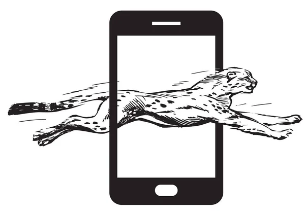 Gepard, skoki przez ekranu smartfon. Pojęcie internet szybki wektor — Wektor stockowy