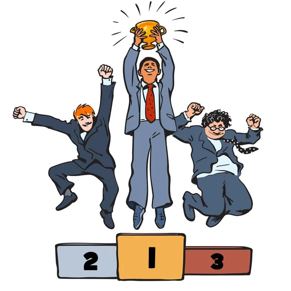 Three businessmen jumping on winning podium with trophy. Vector. — Stock Vector