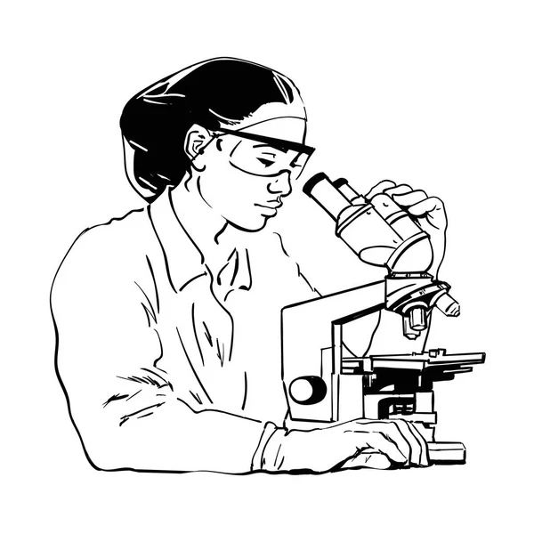 Wissenschaftlerin beim Blick durchs Mikroskop. Vektor — Stockvektor