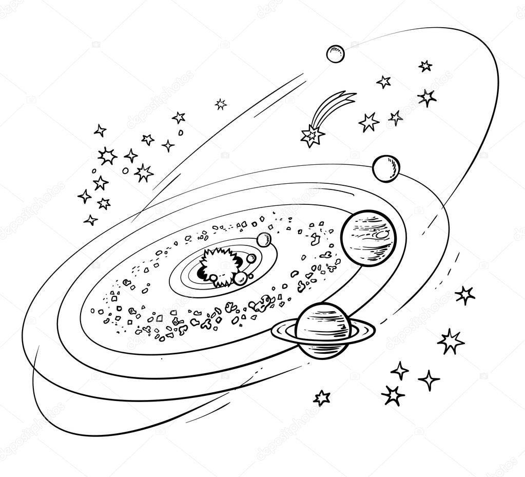 Sketch of solar system with planets orbiting sun. Vector