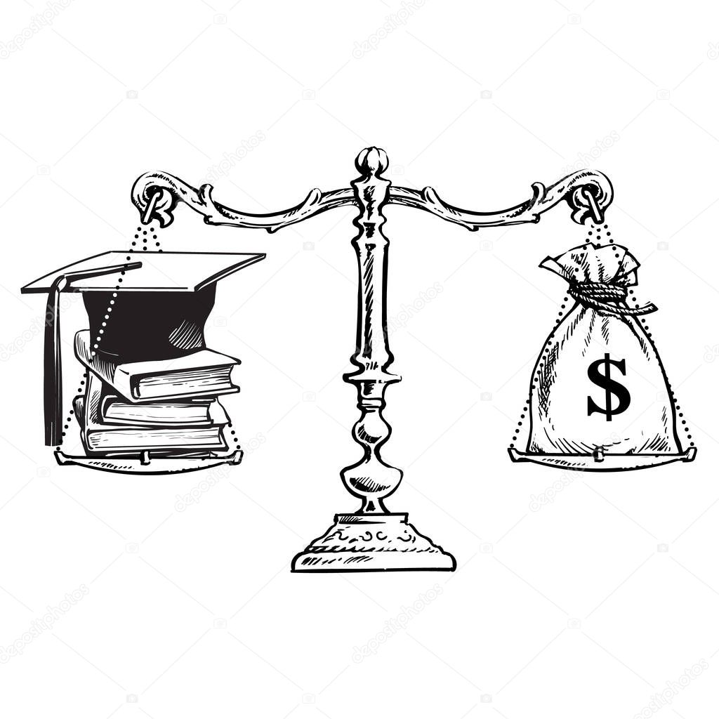 Graduation cap books and sack of dollars on scales. Price of education concept. Vector