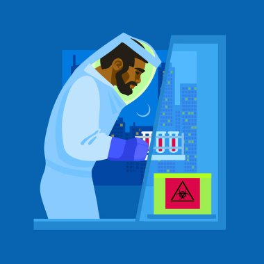 Scientist is holding blood test samples A man in biological protective suit working with bio hazardous substances. Virologist in the laboratory. Night city outside the window. Vector illustration. clipart