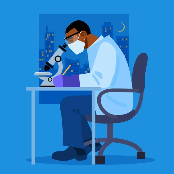 非洲裔美国科学家在白色外套工作与显微镜在临床实验室 夜城窗外 医生在工作 在白色背景下隔离的卡通平面矢量插图 — 图库矢量图片