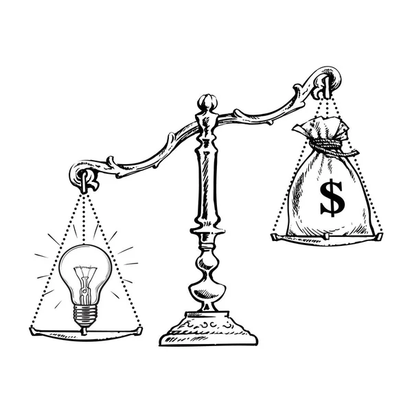 Light bulb idea and money on scales. Vector — Stock Vector