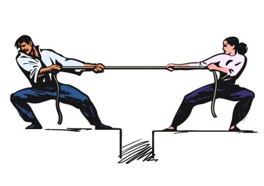 Tug of war. Man and woman are pulling rope. Vector clipart