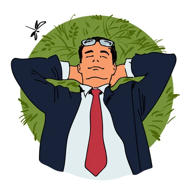 Businessman is relaxing lying on grass. Rest of freelancer. Vector — Stock Vector