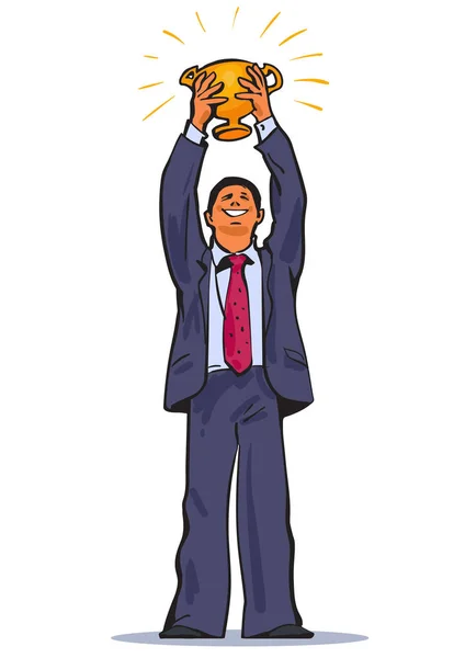 The winner. Businessman holding up winning trophy. Vector — Stock Vector