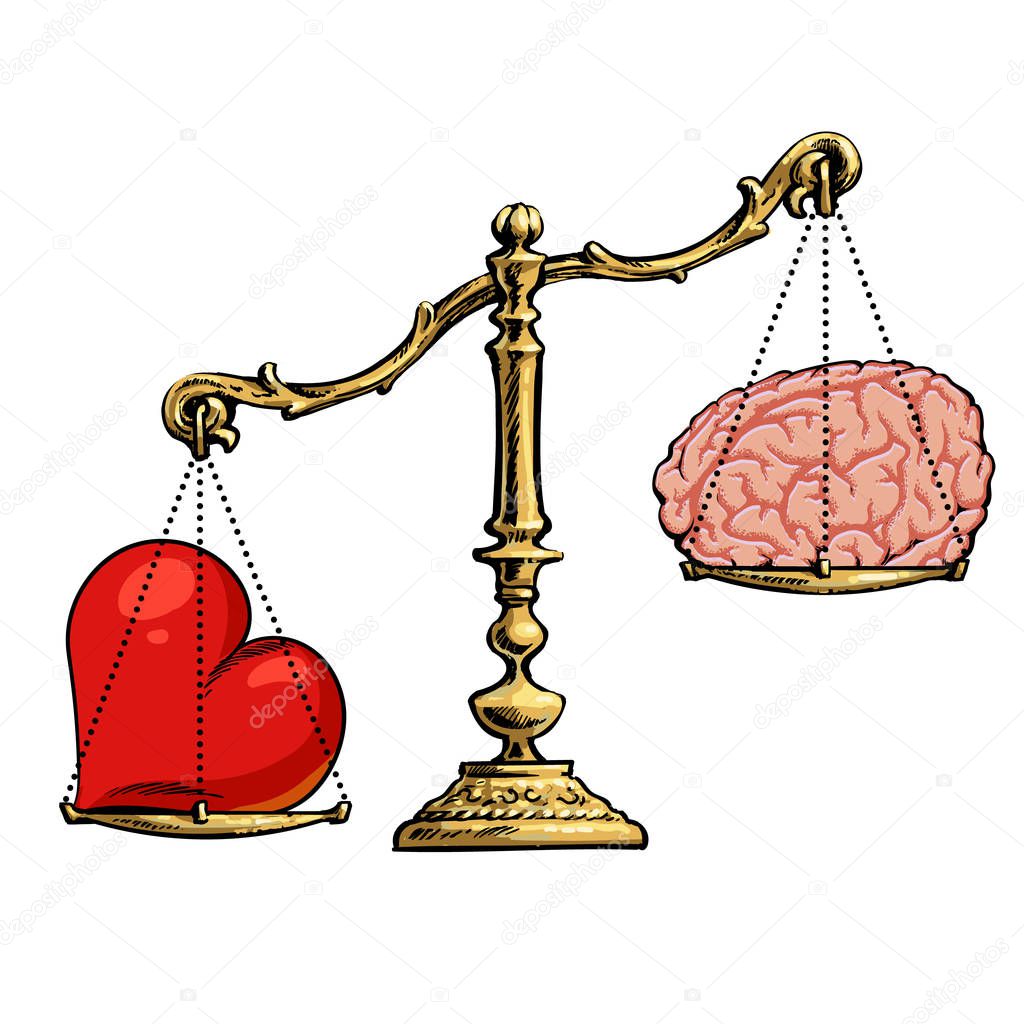 Heart and brain on scales. Choice concept. Vector