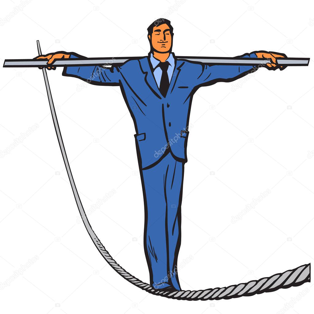 Businessman - rope walker. Stability and courage business concept. Vector