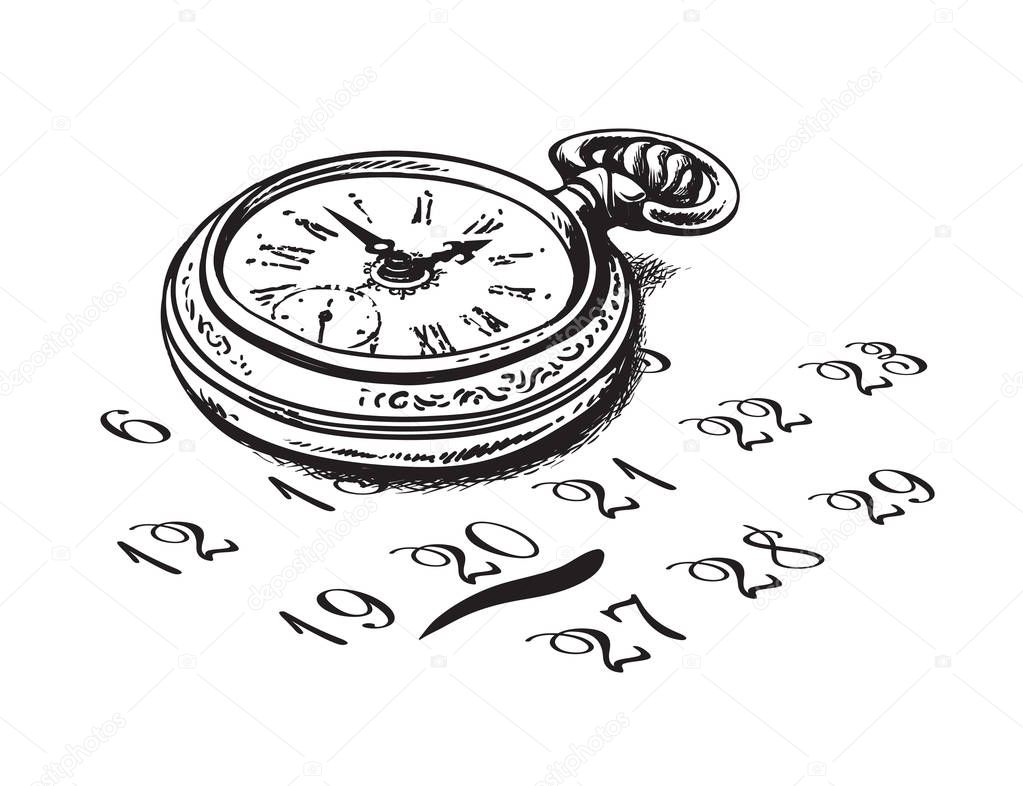 Old pocket watch is sitting on a calendar. Deadline concept. Vector