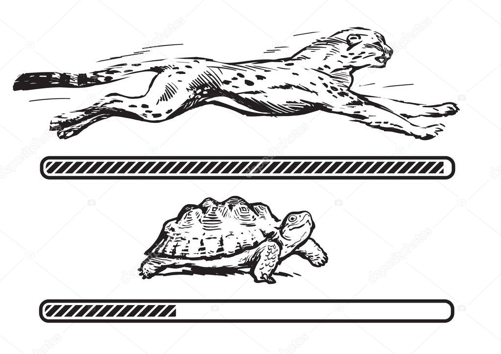 Cheetah and turtle. Fast and slow loading bar. Concept of fast internet .connection. Sketch style hand drawn vector illustration isolated on white background