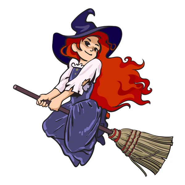 Carino giovane strega di Halloween che vola sulla scopa. Illustrazione vettoriale cartone animato . — Vettoriale Stock